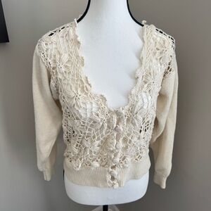 OBR Open Knit Crochet Floral Cardigan‎ Ramie Cotton Ivory Boho M